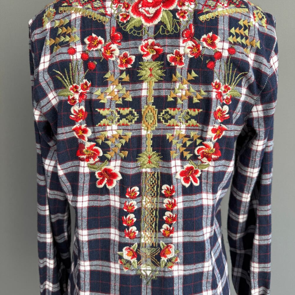 Grace in LA Embroidered Western shirt - Blue Plaid Boho Floral Cowgirl Size S - Picture 2 of 15